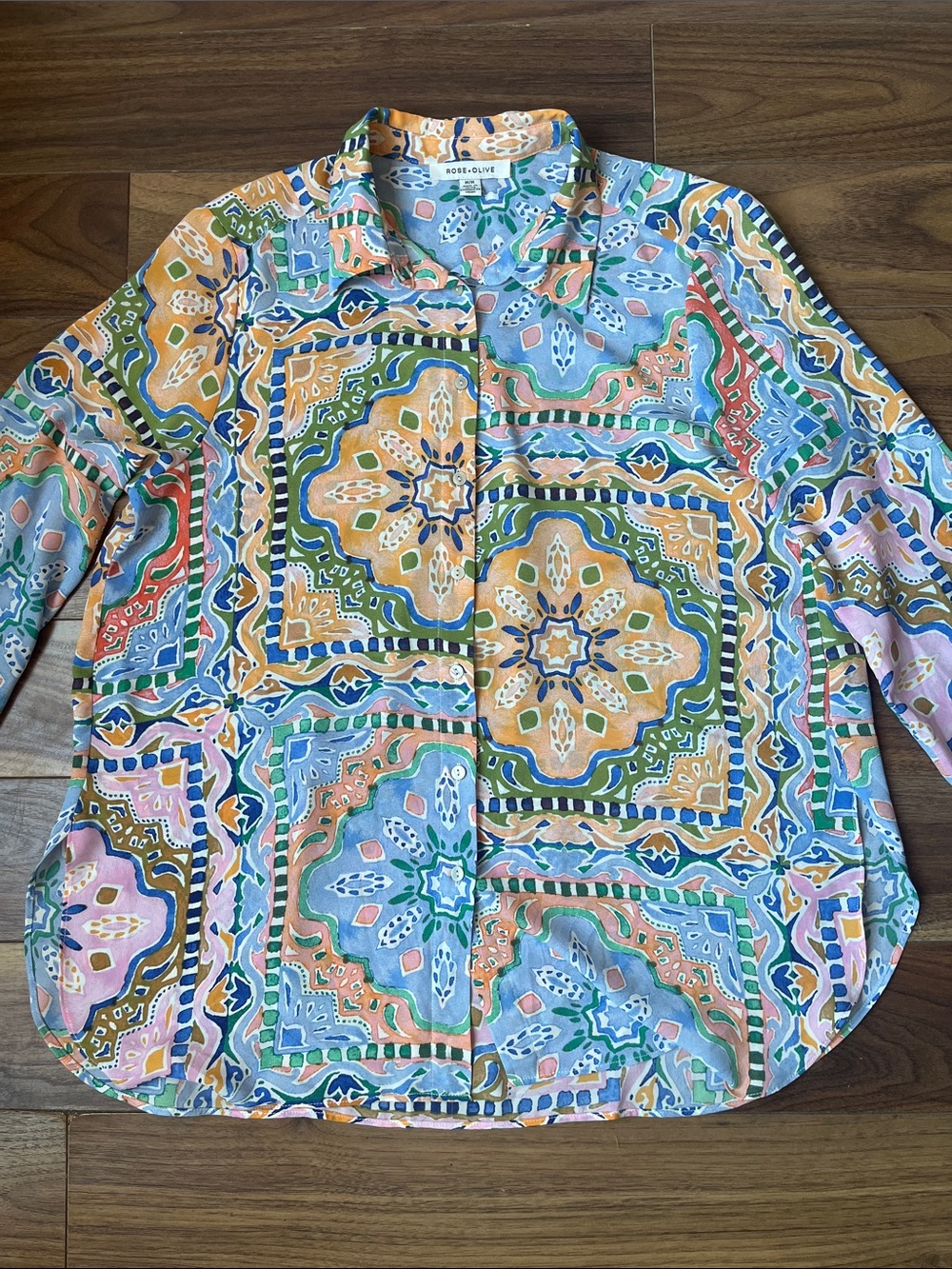 Rose & Olive Multicolor Tile-Print Button Front Blouse Long Sleeve blue orange
